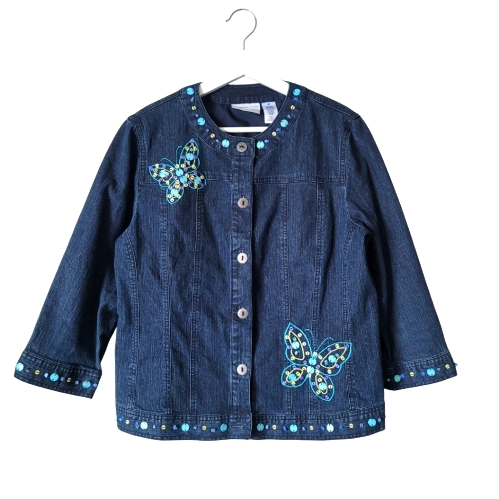 ALFRED Dunner Vintage Beaded Butterfly Jean Jacket Size SP